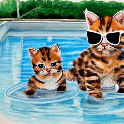 Prompt: realistic drawing of kittens wearing sunglasses playing in the swimming pool at the county fair.