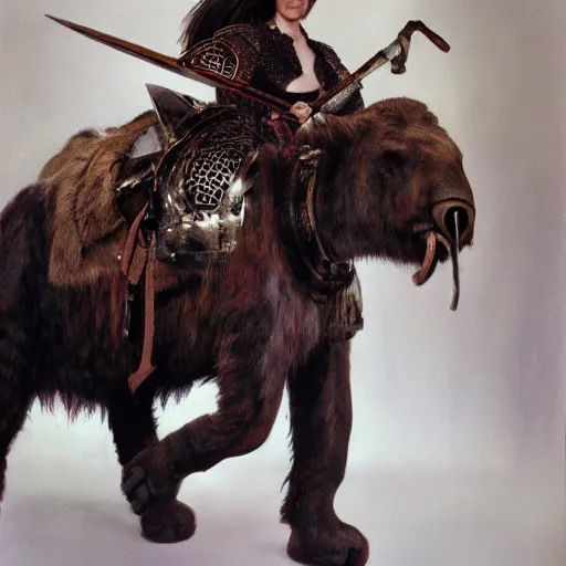 Prompt: beautiful brunette woman, wearing battle armor, riding woolly mammoth through new york city, photorealism, by richard estes and chuck close and ralph goings and charled bell.