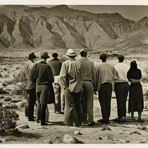 Image similar to paleozoic by ansel adams ultradetailed. a beautiful photograph of a group of people standing in a line. they are all facing the same direction & appear to be waiting for something.