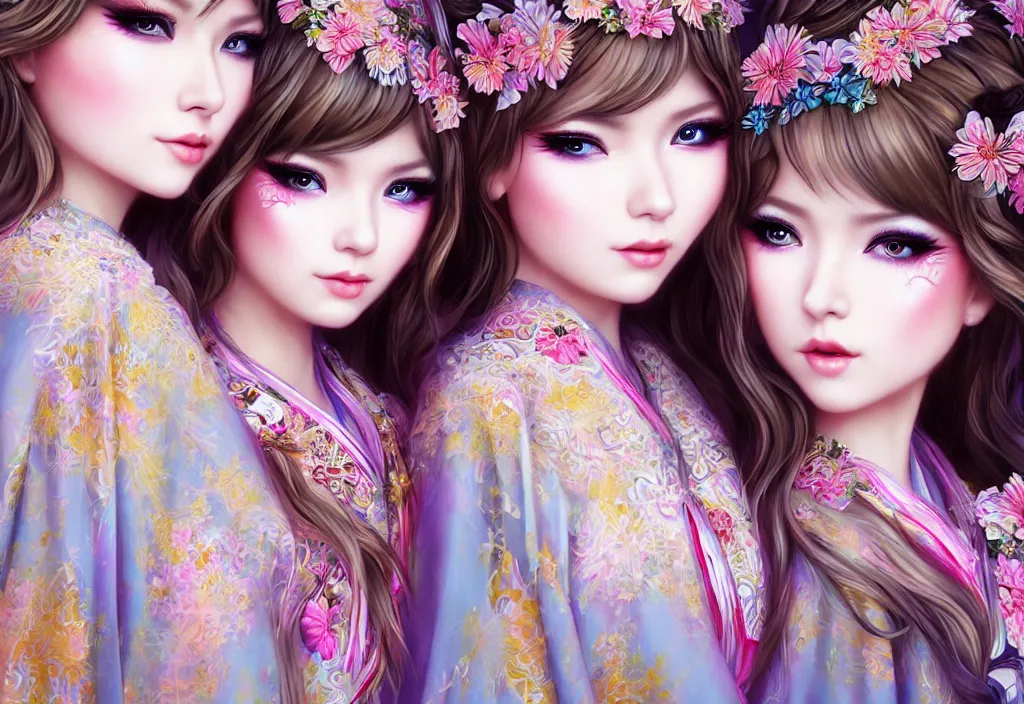 Image similar to two beautiful fashion siberian girls wear fantasy kimono in festival | | big eyes, sunny, dreamlike art, realistic shaded, smile, good looking, hyper details, 4 k realistic, cryengine, realistic shaded lighting poster by artgerm, ross tran, fuji choko, loish, 8 k resolution, trending on artstation, luxury