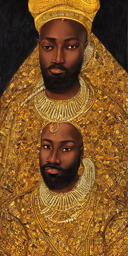 Image similar to a stunning and noble highly detailed romantic period style portrait of Mansa Musa by Josep Tapiró Baró, trending on artstation, oil painting masterpiece, symmetry, African iconography