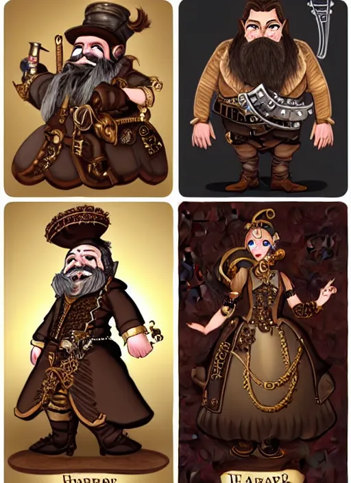 Image similar to Steampunk dwarf with a beard female glamor bard speaker of a small town and fashionable female in high-end Oscar de la Renta