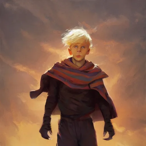 Image similar to blonde boy with golden eyes wearing a brown cape and flying in t pose, energy background, brush strokes, greg rutkowski, oil painting