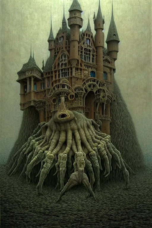 Image similar to a hyperrealistic painting of a giant creature devouring a beautiful fantasy castle, by john kenn mortensen and zdzislaw beksinski, highly detailed, vivid color,