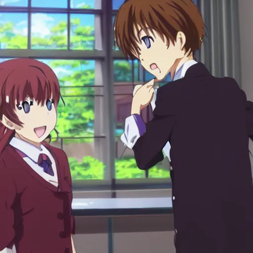 Prompt: cute anime girl bribing the district attorney, still from tv anime, Kyoto animation studio, high detail,