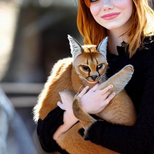 Prompt: Emma Stone holding a cute caracal