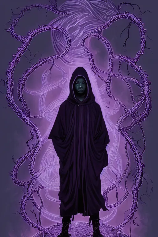 Image similar to A full body portrait of a mysterious shaman (male) with no face with a very long hooded dark purple cloak tentacles and vines coming out the ground art by Maciej Kuciara and Jason Chan, ominous, cosmic horror, trending on artstation, Ultra detailed, hyper realistic 4k