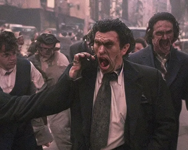 Image similar to in this scene from the modern hbo miniseries / the outfit /, a supernatural mafia crime thriller about magical monster - hunting mafiosi in 9 0 s philadelphia, we see a man become a strange monstrous ephemeral spirit of rage in front of an unimpressed mob capo. hd 8 k film photography, richard corben and cronenberg - esque.