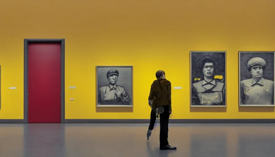 Prompt: 60s movie still of a sovietic stalinist style empty art museum with a soviet congress with yellow wall, canon 5d, liminal Space style