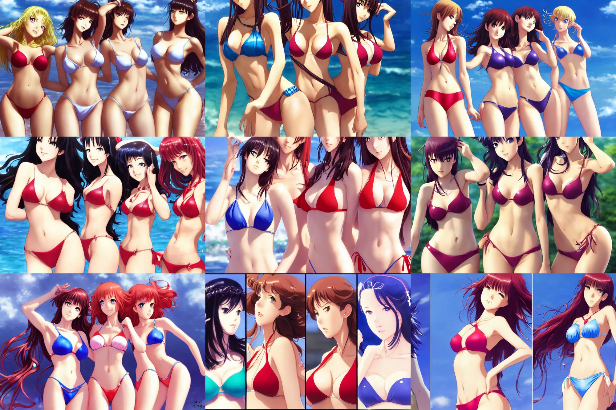 Prompt: close - up princesses posing together in bikini. by takashi takeuchi, yoshiyuki sadamoto, amagaitaro, makoto shinkai, krenz cushart, asao urata, pixiv