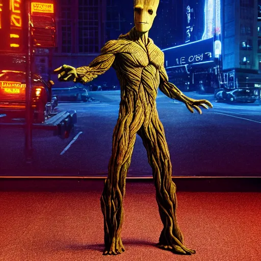 Prompt: the groot as james bond, cinema poster, detailed, photo near a cinema, new york city, hyper realistic, 4 k octan render, unreal 5