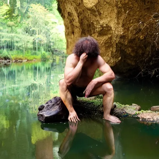 Image similar to a caveman kneeling down at a river, an looking at his own reflection