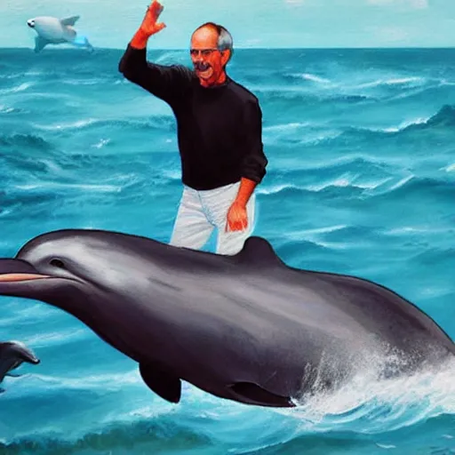 Image similar to steve jobs riding a dolphin, painting
