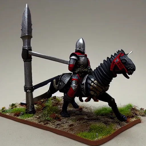 Prompt: D&D, high detail, miniature of medieval knight riding an allosaurus, heavy cavalry, Asgard rising, MyMiniFactory, 28mm scale