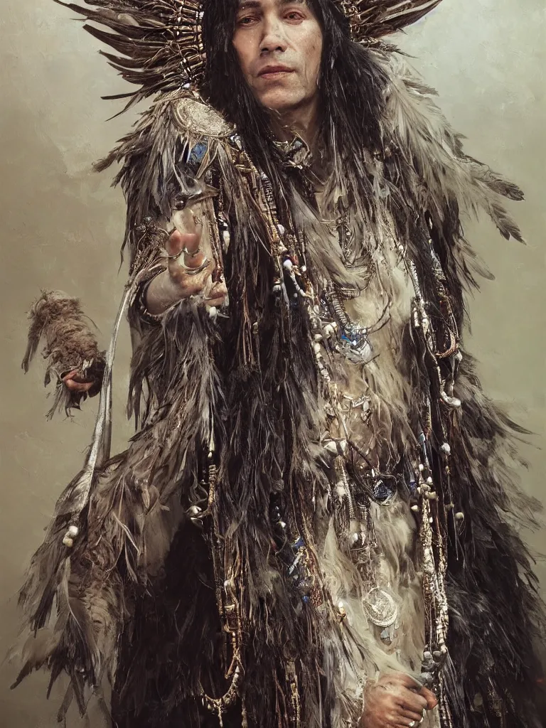 Image similar to A realistic photo centered portrait of a wise and mystical shaman with a head dress made of feathers and beads with dark robes and trinkets of silver casting a magical spell , by Greg Rutkowski, HD , trending on artstation