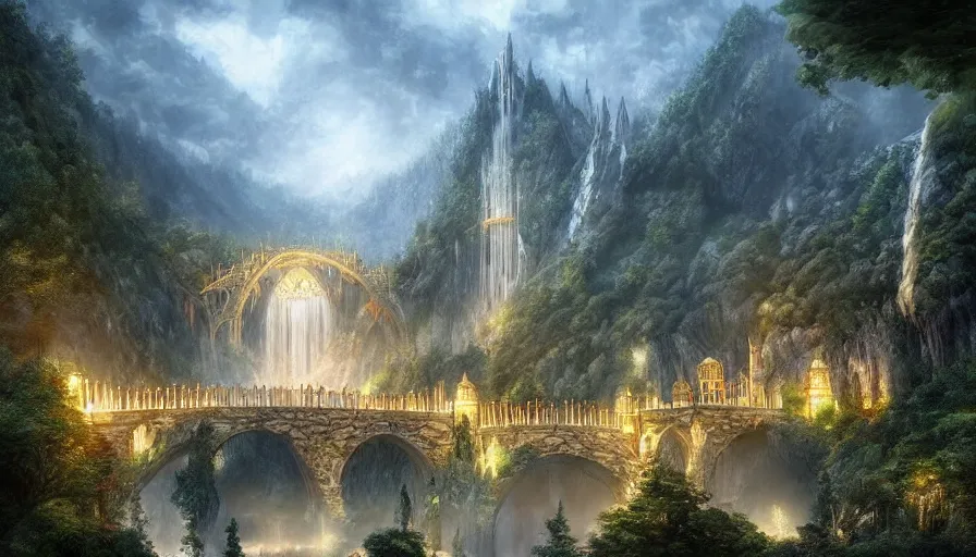 Image similar to Rivendell, the famous elven city, build by Elrond, realistic artwork, artstation, atmospheric lighting