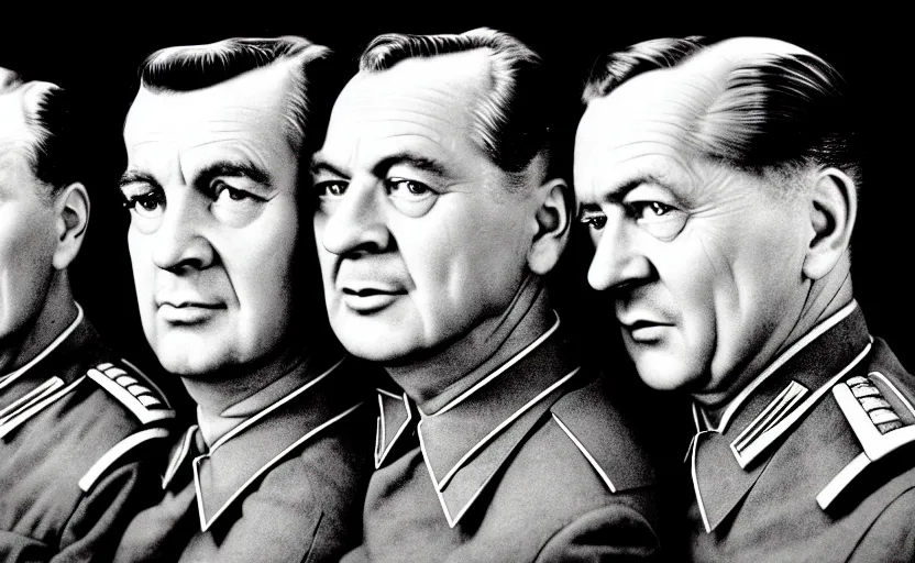 Image similar to 50s movie still close-up portrait of three individual elder soviet generals with very diverses faces in a stalinist style hall, by Irving Penn, Cinestill 800t 50mm black and white, heavy grainy picture, very detailed, high quality, 4k, HD criterion, precise texture, facial precision, diverse haircuts, diverse ages, each faces precisely define