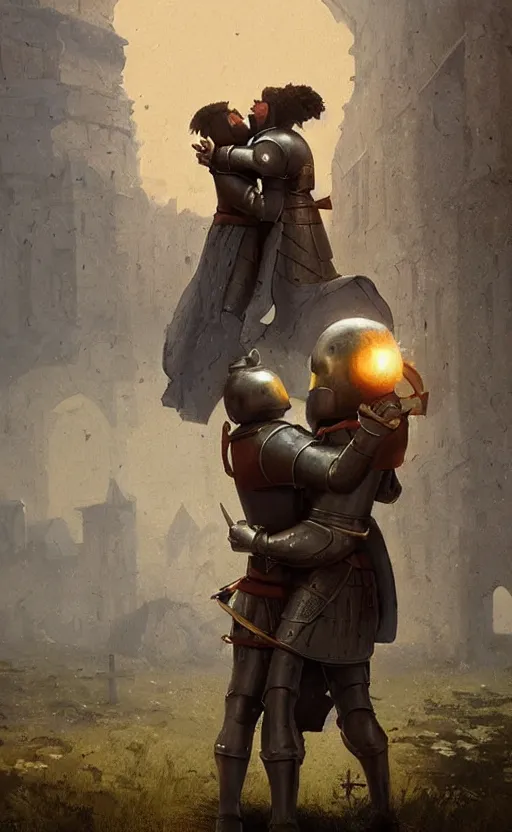 Image similar to digital painting of two medieval knights hugging each other in dispair while the universe is exploding, in a medieval village, stunning, surreal, cinematic lighting, concept art by greg rutkowski and simon stalenhag