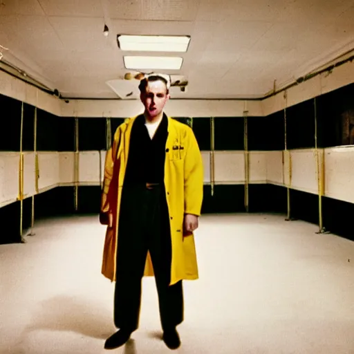 Prompt: a 1 9 5 0 s male scientist wearing a lab coat standing lost in the backrooms, mono - yellow old moist carpet room, empty liminal space, very dark shadows, broken fluorescent lighting, horror movie scene, film grain