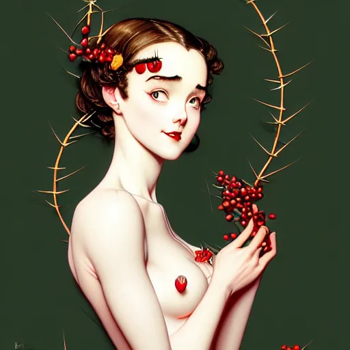 Image similar to portrait of an absurdly graceful, elegant, sophisticated ( barista ) woman wrapped in sharp thorns, by norman rockwell, range murata, gustave dore, pixar, intricate line work, beautiful, artstation 8 k