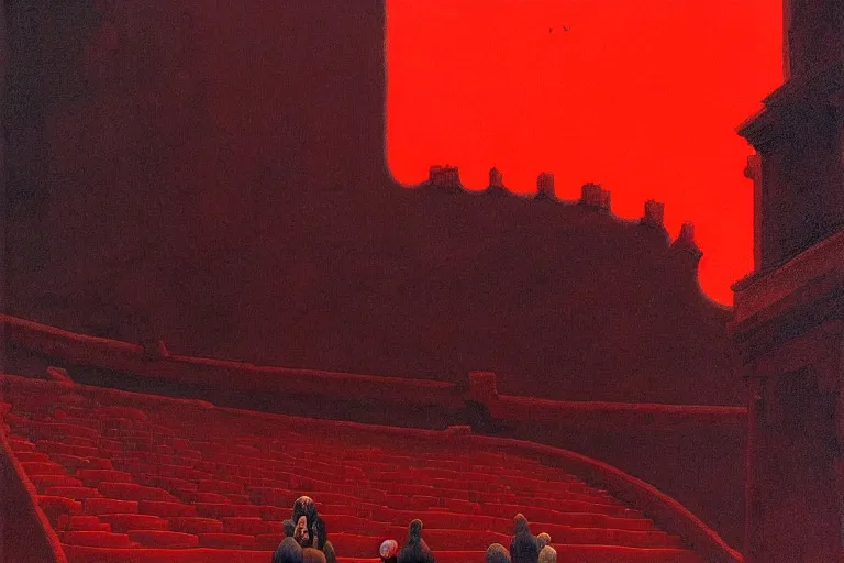 Image similar to only with red, a red melted emperor, taormina amphitheatre, crowd hails him, in the style of beksinski, parts by edward hopper, parts by rodcenko, parts by yue minjun, intricate and epic composition, red by caravaggio, insanely quality, highly detailed, masterpiece, red light, artstation, 4 k