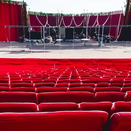 Image similar to pov seen from the stands of an outdoor show in a desert, the seats are in red velvet and comfortable, the stage is surrounded by wooden barriers