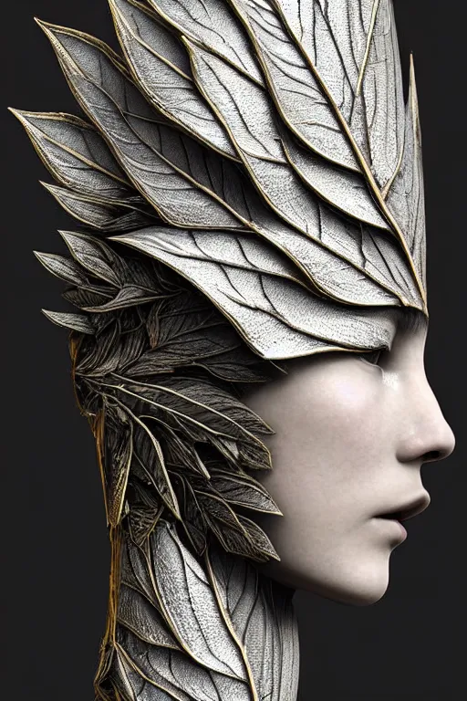 Image similar to bw close - up profile face, black background, beautiful young porcelain vegetal - dragon - cyborg - female, 1 5 0 mm, beautiful natural soft rim light, silver gold details, magnolia leaves and stems, roots, mandelbot fractal, elegant, ultra detailed, white metallic armour, octane render, dora maar