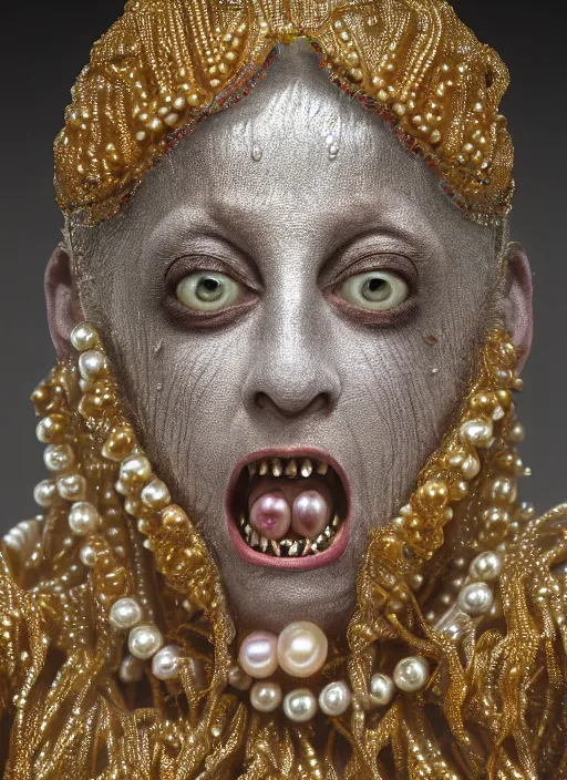 Image similar to hyperrealism, detailed textures, award winning autochrome pearl portrait photo, symetrical japanese pearl old screaming medusa queen autochrome pearl portrait, pearl silverplate, intricate, detailed facial pearl scary animal mask, pearl, golden jewelery, silverplate, ultra realistic, cinematic, intricate, cinematic light by steve mccurry, unreal engine 8 k