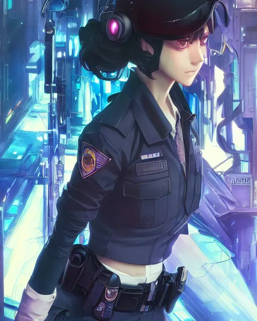 Image similar to anime key visual of elizabeth olzen as a police officer, neon, cyberpunk, futuristic, stunning, highly detailed, digital painting, artstation, smooth, soft focus, illustration, art by artgerm and greg rutkowski and alphonse mucha