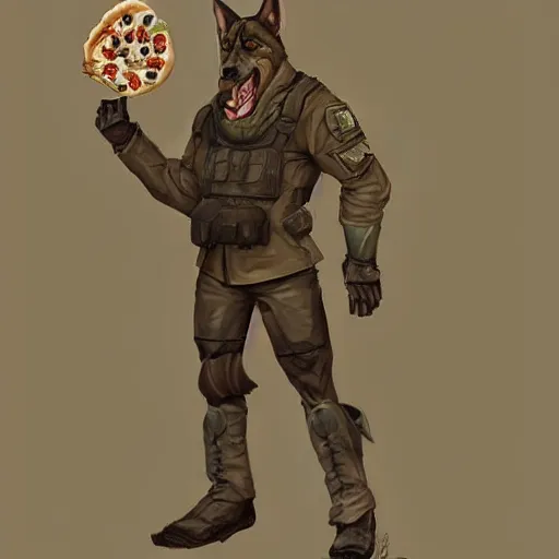 Image similar to a humanoid german shepherd beast - man in military style, holding a slice of pizza, artstation, concept art, smooth, sharp foccus ilustration, artstation