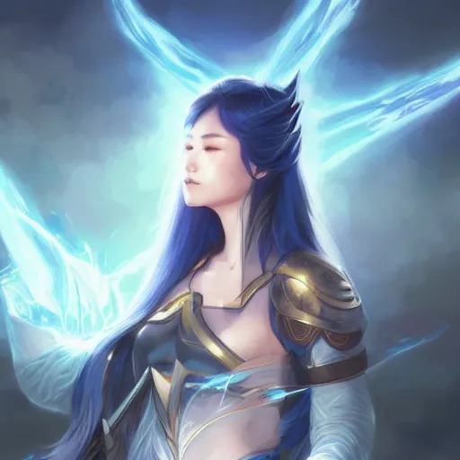 Image similar to japanese lightning goddess, d & d, blue color palette, highly detailed, digital painting, artstation, concept art, sharp focus, illustration, cinematic lighting, art by artgerm and greg rutkowski