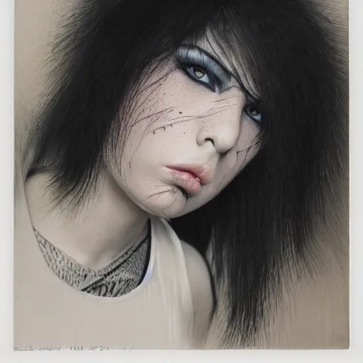 Image similar to A young woman with black and white hair looking disgusted away from the camera, Punk, Portrait by Noriyoshi Ohrai, rendered in octane, oil on canvas