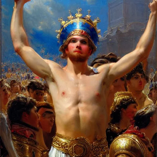 Image similar to a young man wearing a golden crown after overcoming his fear or death, standing above a cheering crowd, highly detailed painting by gaston bussiere and j. c. leyendecker 8 k