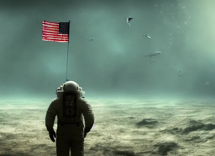 Image similar to astronaut holding a flag in an underwater desert. a submarine is visible in the distance. dark, concept art, cinematic, dramatic, atmospheric, 8 k, trending on artstation, blue, fish, low visibility, fog, ocean floor, christopher nolan, interstellar