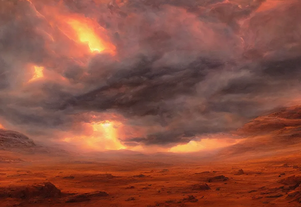 Prompt: mars landscapes, cinematic lightning, dramatic, highly detailed, oil painting,