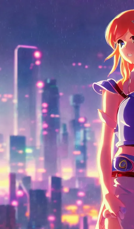 Image similar to anime fine details portrait of Zelda in front of cyberpunk moder city landscape on the background deep bokeh, close-up view, anime masterpiece by Studio Ghibli. 8k, sharp high quality anime, artstation