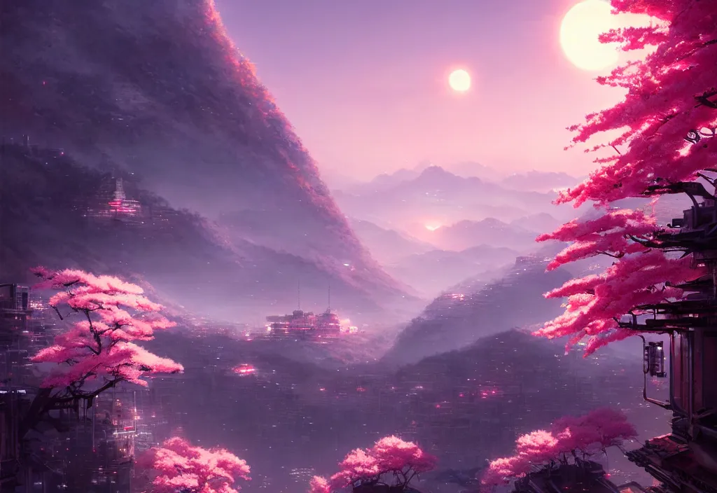 Prompt: sakura lit by the sun stands on a mountain from behind cyberpunk city, cinematic view, concept art, high detail, 4 k, by jordan grimmer, art greg rutkowski