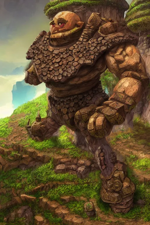 Image similar to zelda fantasy art giant golem troll wood rock greeble gemstone, global illumination ray tracing hdr fanart arstation by sung choi and eric pfeiffer and gabriel garza and casper konefal