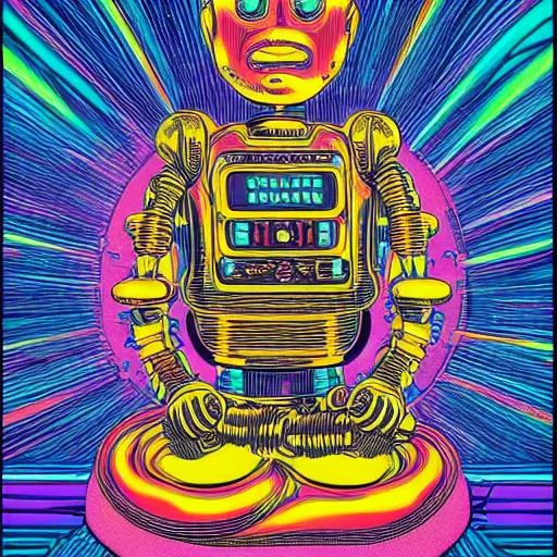 Image similar to a black tshirt with a hyperdetailed portrait of a meditating steampunk robot by robert crumb, 8 k, symetrical, flourescent colors, happy trippy mood, multicolored,