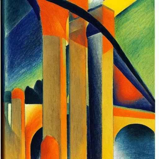 Image similar to A beautiful drawing of a cityscape with tall spires and delicate bridges. Dreamworks, 1930s by August Macke soothing, kaleidoscopic