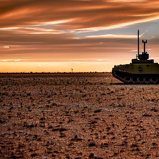 Image similar to peaceful mobile camoflaged rugged weather station sensor antenna on tank treads, for monitoring the australian desert, XF IQ4, 150MP, 50mm, F1.4, ISO 200, 1/160s, dawn