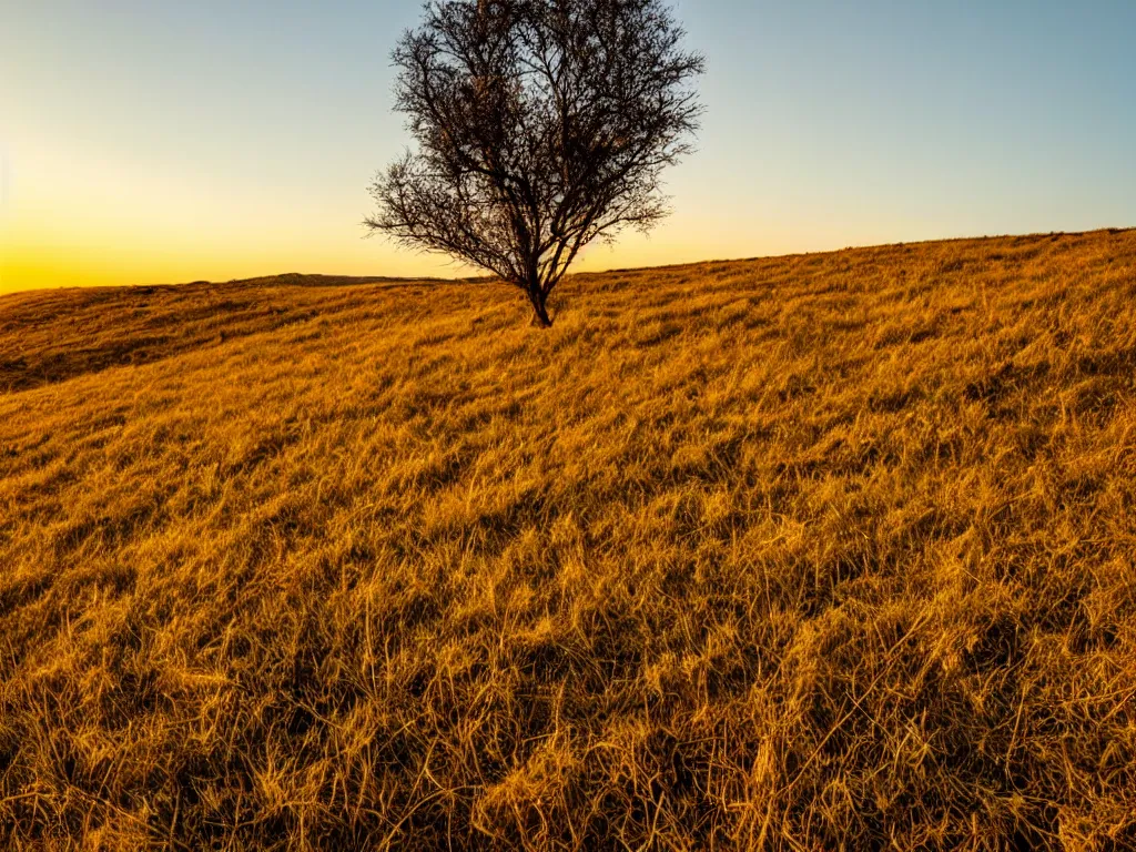 Prompt: dry rounded hills with sparse scattered scrub grass large random scattered clumps of weeds, a ugly bare tree, highly detailed texture, golden hour lighting