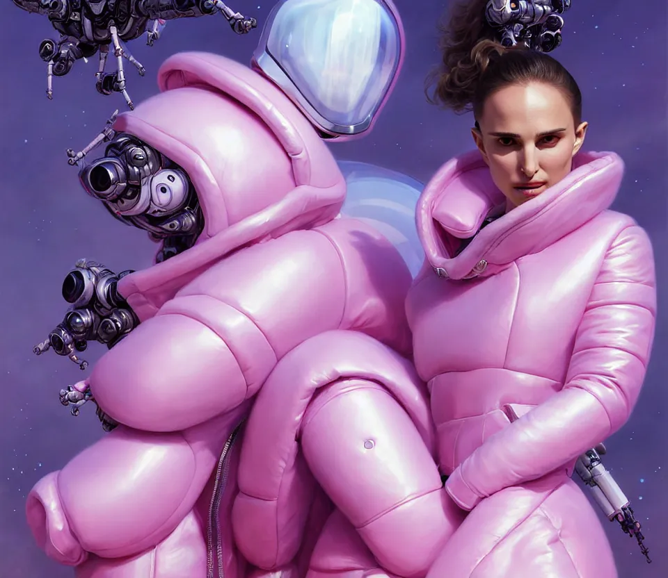 Prompt: beautiful fantasy character portrait, natalie portman, wearing pink puffy bomber jacket with white fur, seductive reclining pose, futuristic chrome drones, ultra realistic, dramatic lighting, robots, mass effect artifacts, highly detailed by peter mohrbacher, hajime sorayama, wayne barlowe, boris vallejo, aaron horkey, gaston bussiere, craig mullins