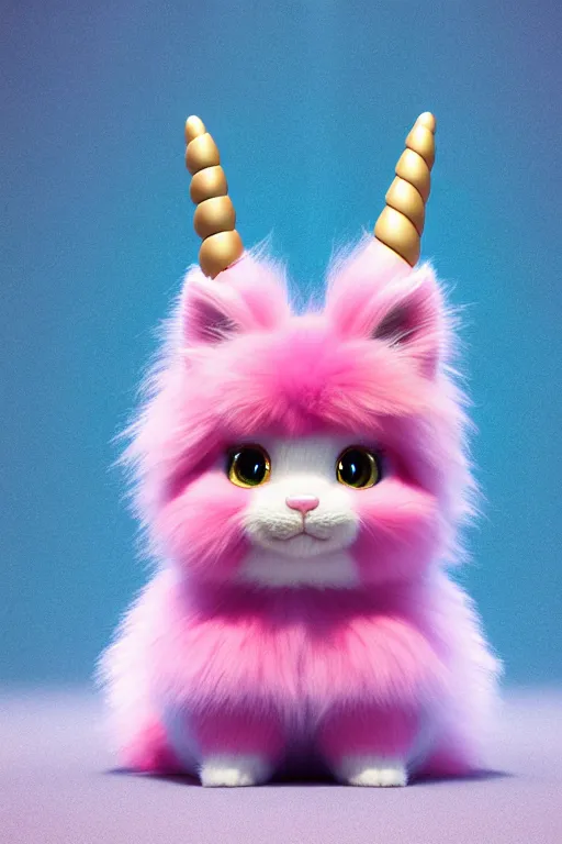 Image similar to high quality 3 d render hyperrealist very cute multicolor stripped fluffy! unicorn kitty, kittycorn, rainbow, hybrid highly detailed, vray smooth, in the style of detective pikachu, hannah yata charlie immer, dramatic pink light, low angle, uhd 8 k, sharp focus