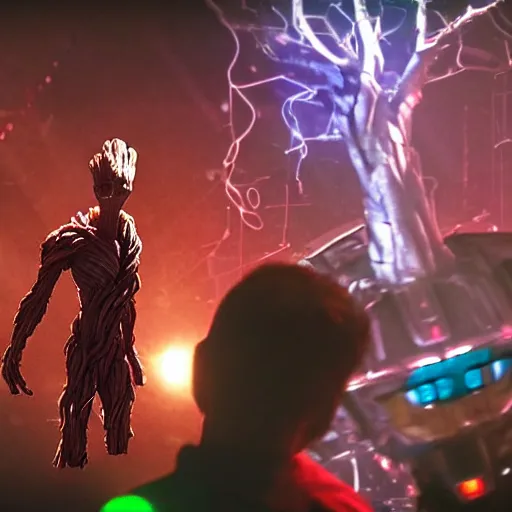 Image similar to groot and optimus prime in techno party among people dancing, wide shoot, after effect ultra realistic 3 d