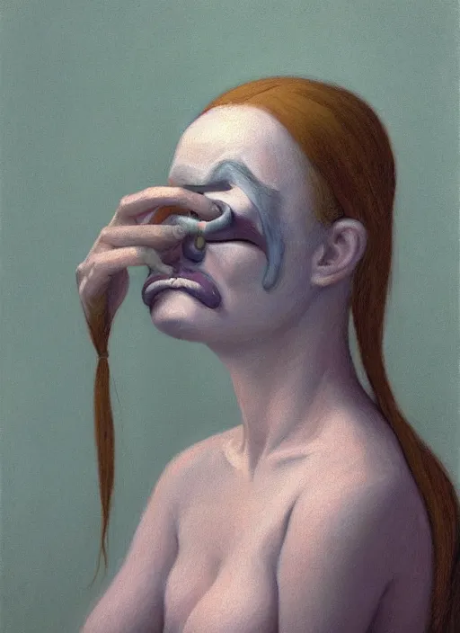 Image similar to a portrait of a woman with her hair tied around her eyes and her mouth, pastel, by Edward Hopper, by James Gilleard, by Zdzislaw Beksinski, by Steven Outram, highly detailed