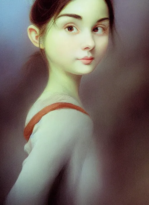 Image similar to hyper detailed 3 d render like a oil painting - cute portrait of a brunette named emma, italian looking, looking at camera, symmetrical face, long brunette hair, nose ring, a smiling cow looking over her shoulder by ryden, kawase hasui, dorothea tanning, edward hopper and james gilleard, aivazovsky, beksinski, outram, artstation