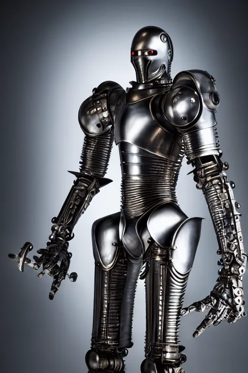 Prompt: medieval cybernetic robo - knight, symmetrical, cinematic, elegant, demonic atmosphere, professional studio light, real dlsr photography, sharp focus, made by hans giger, 4 k, ultra hd, sense of awe