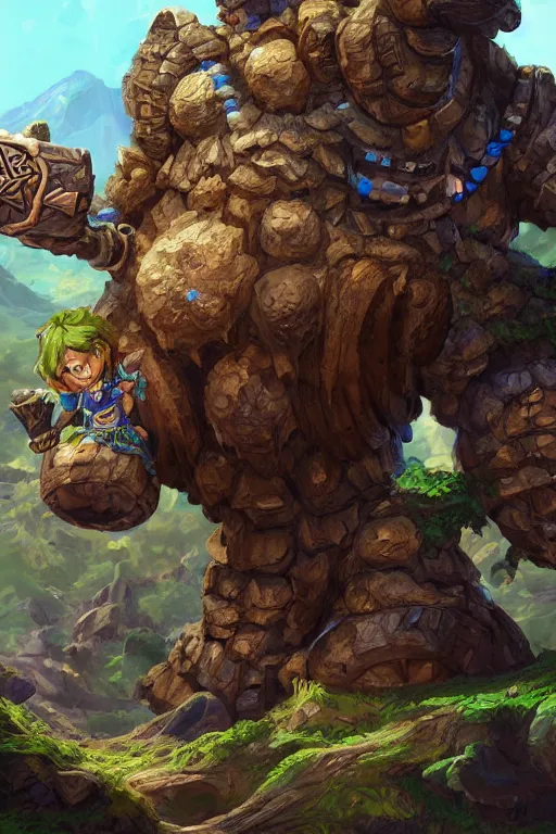 Image similar to zelda fantasy art giant golem troll wood rock greeble gemstone, global illumination ray tracing hdr fanart arstation by sung choi and eric pfeiffer and gabriel garza and casper konefal