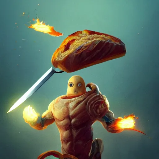 Prompt: a slice of toasted bread with a face, arms and legs, holding a sword and shield, volumetric lighting, dynamic composition, fantasy, hyper detailed, ultra realistic, sharp focus, octane render, concept art by sachin teng and sergey kolesov and ruan jia and heng z